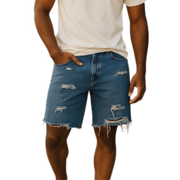 RUSTLER Upcycled Cutoff Jean Shorts Blue Mid Wash Denim Distressed Size 34 - Picture 1 of 10